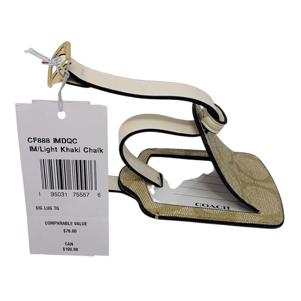 COACH Signature Canvas Luggage Tag Smooth‎ Leather CF888 Gold Light Khaki Chalk